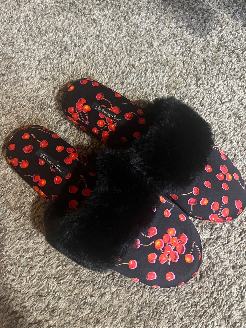 Victoria's Secret Black Faux-Fur Cherry Slide Slippers